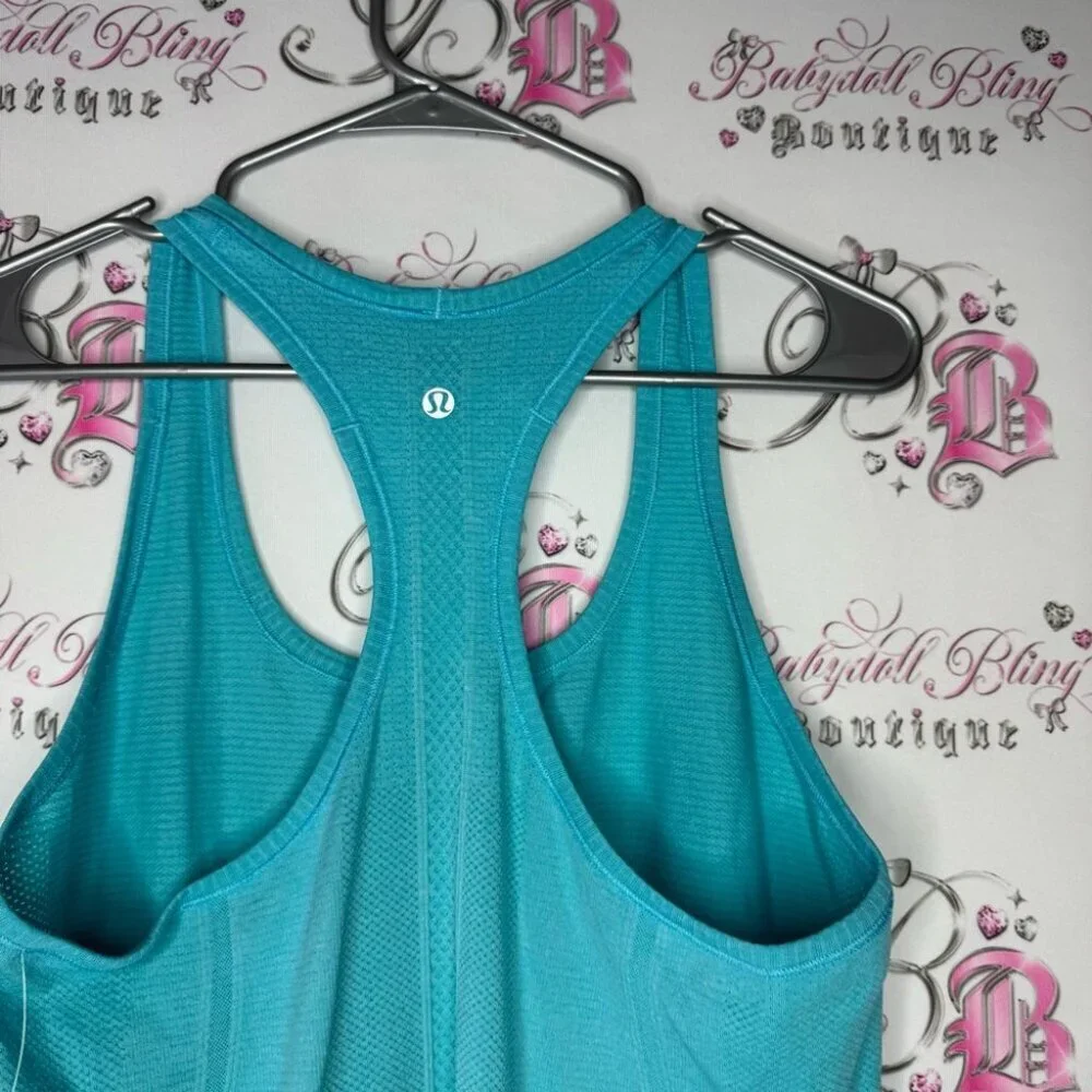 Lululemon shirt stretchy yoga rare racer back logo silver Turquoise Tank Top